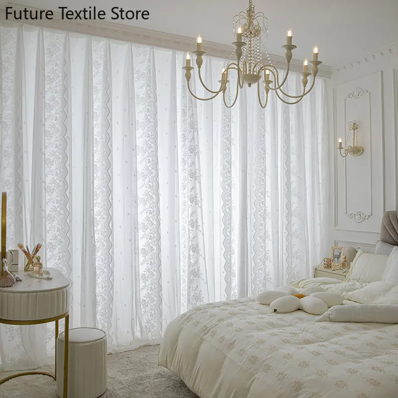 

Double-layer princess style light luxury white lace beige bay window sheer curtain Curtains for Living dining room bedroom