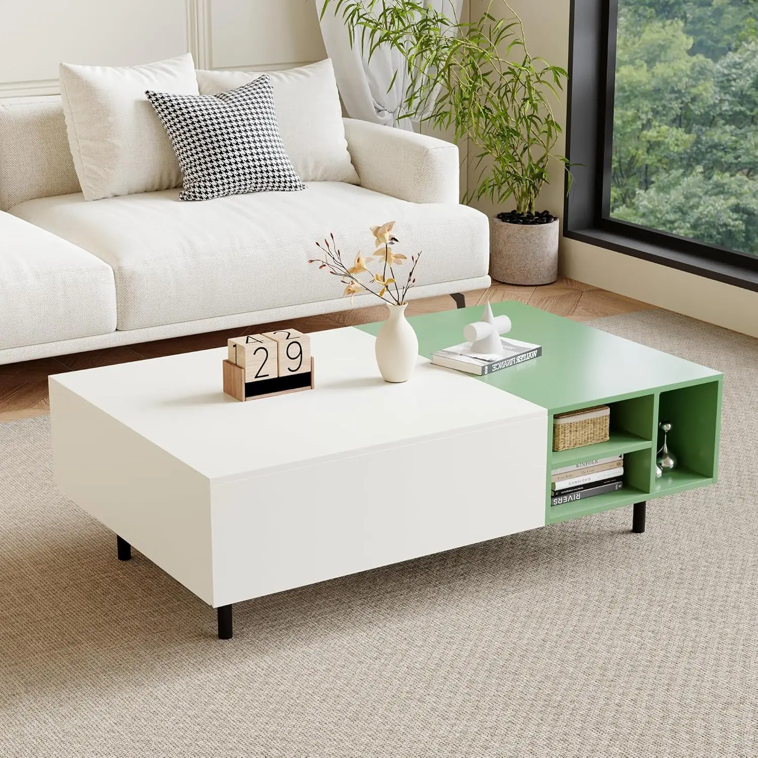 

51.18" Modern Minimalist Coffee Table with Sliding Drawers & Open Storage Shelves, Storage Coffee Table for Living, Customized