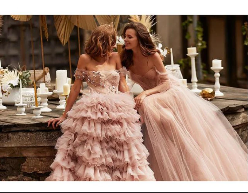 Robe de Rhen tulle à volants roses blush, appliques perlées, hors de l'événement initié, robes de soirée azole, robe à lacets pour les patients de plage, quelle que soit la 2024