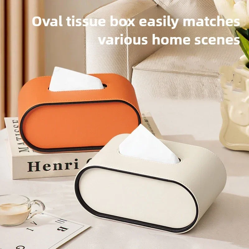 Paper Box Light Luxury High-end Living Room Creative Oval Leather Tissue Box Bedroom Desktop Napkin Storage Box Organization