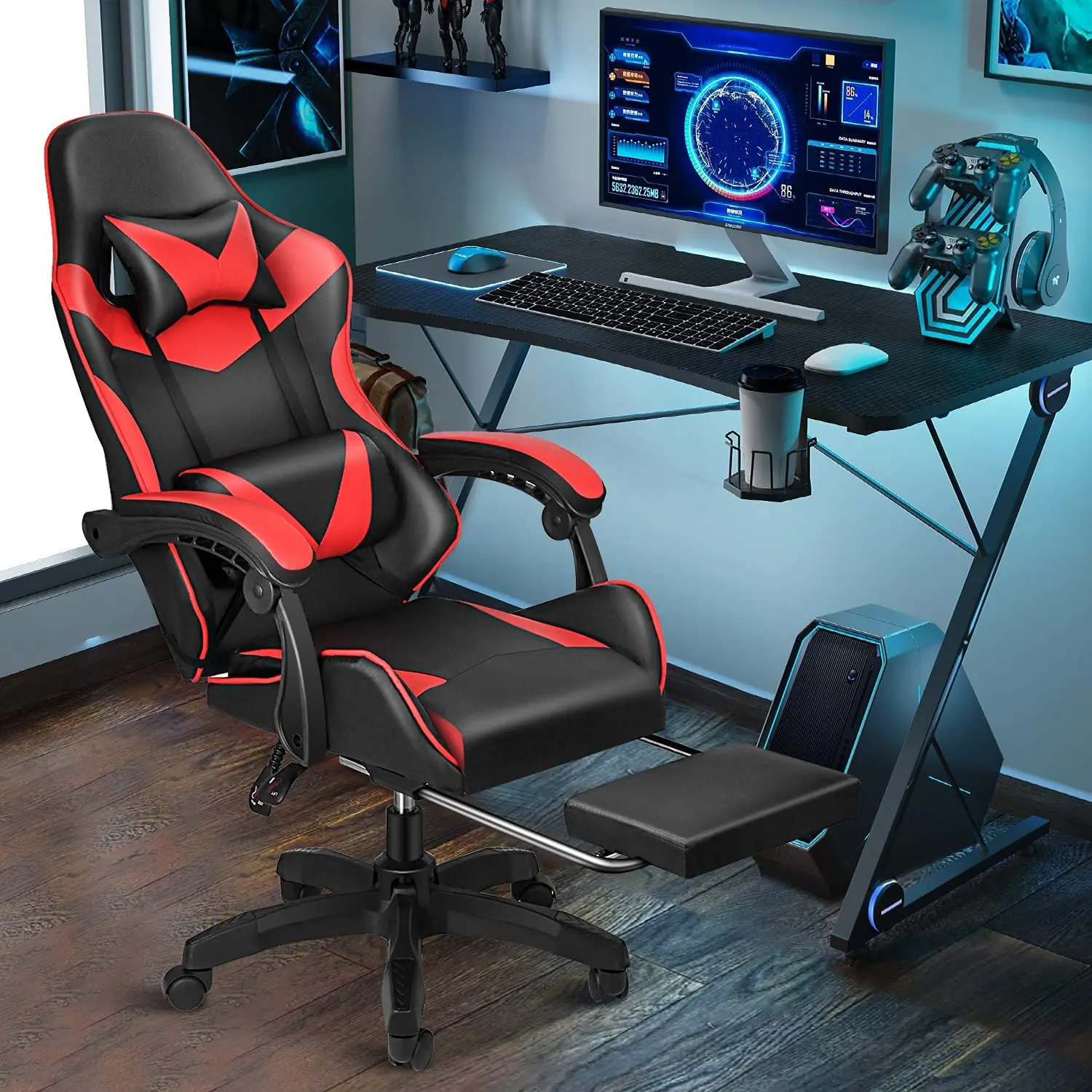 YSSOA Racing Gaming Office High Back Computer Ergonomic Adjustable Swivel Recliner Chair W/Headrest Lumbar Support&Footrest