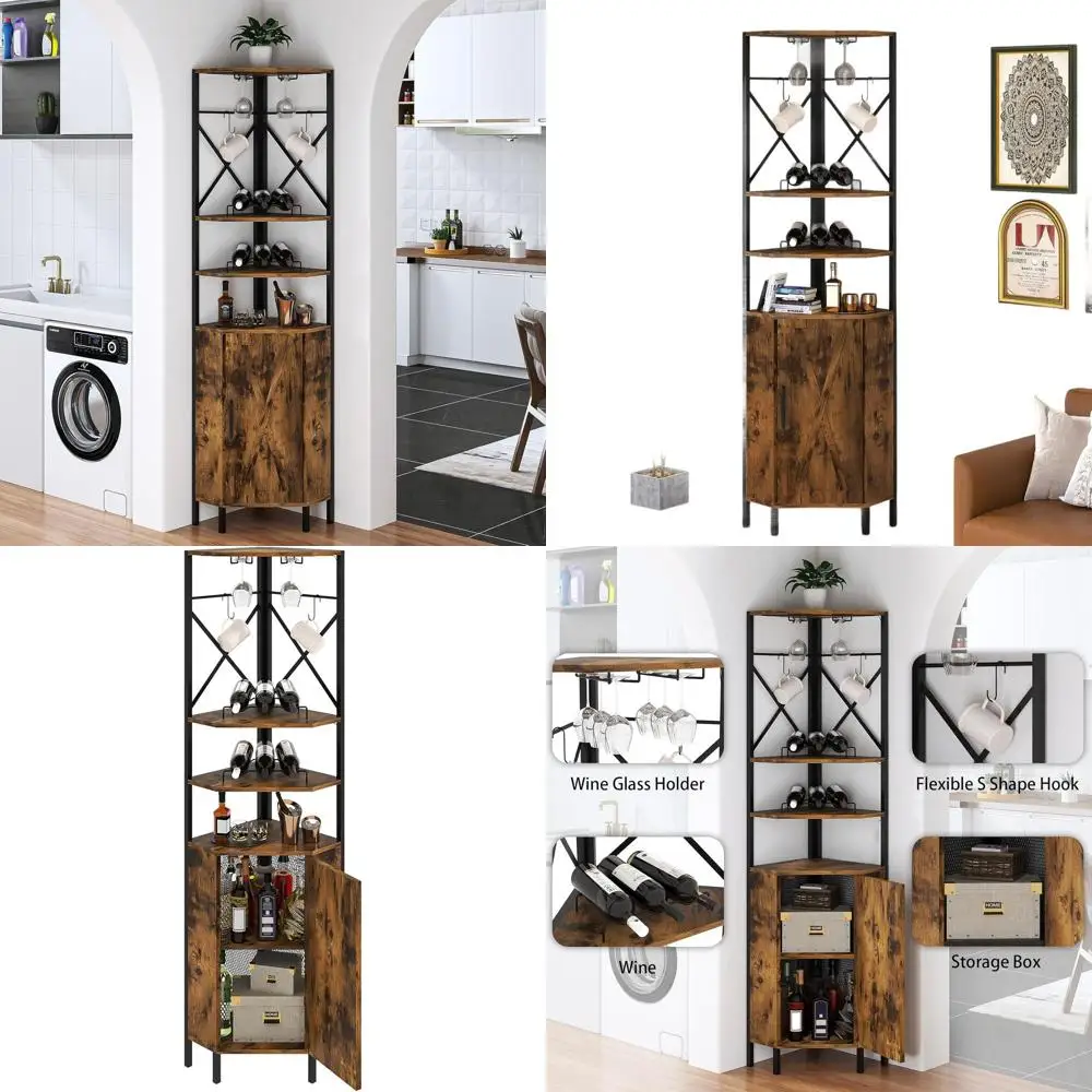

6-Tier Rustic Brown Industrial Wine Rack with Glass Holder and Barn Door for Corner Spaces