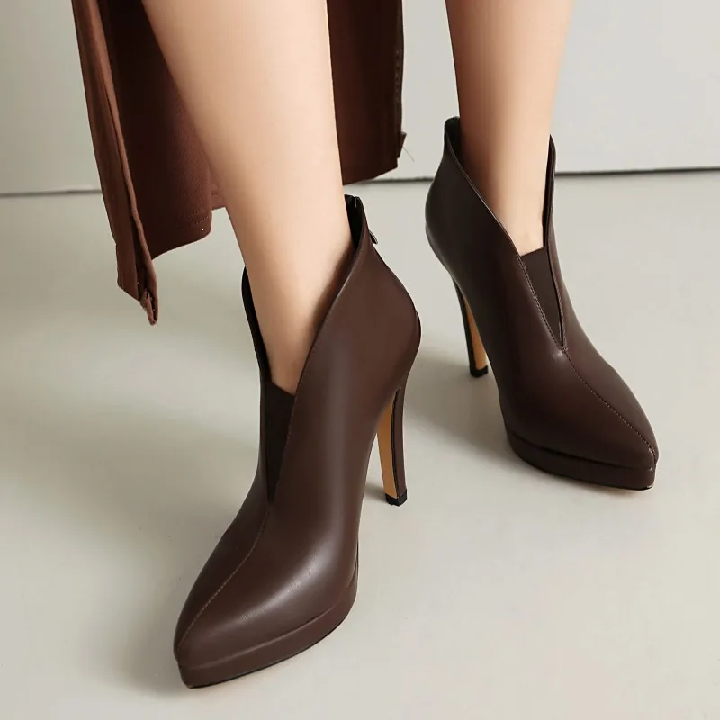 New Pointed V-shaped Elastic Short Boots Black Leather 12cm Super High Heels Winter Women's Boots 35-45 Retro Brown  Ankle Boots