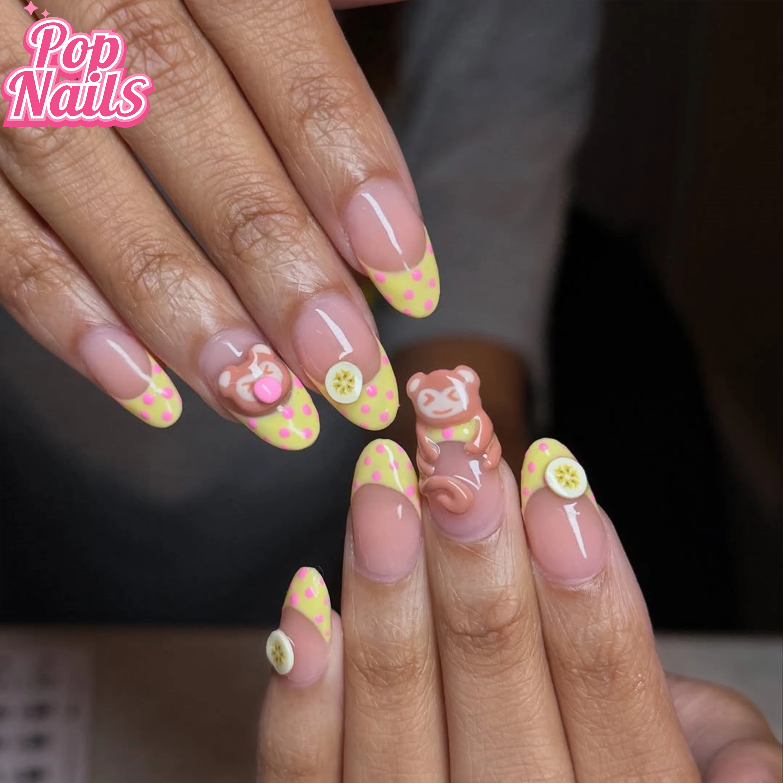 

10pcs Press on Nails 3D Monkey Yellow French Tips Nail Art Almond Pressons Handmade Monkey High Quality Handmade Press on Nails