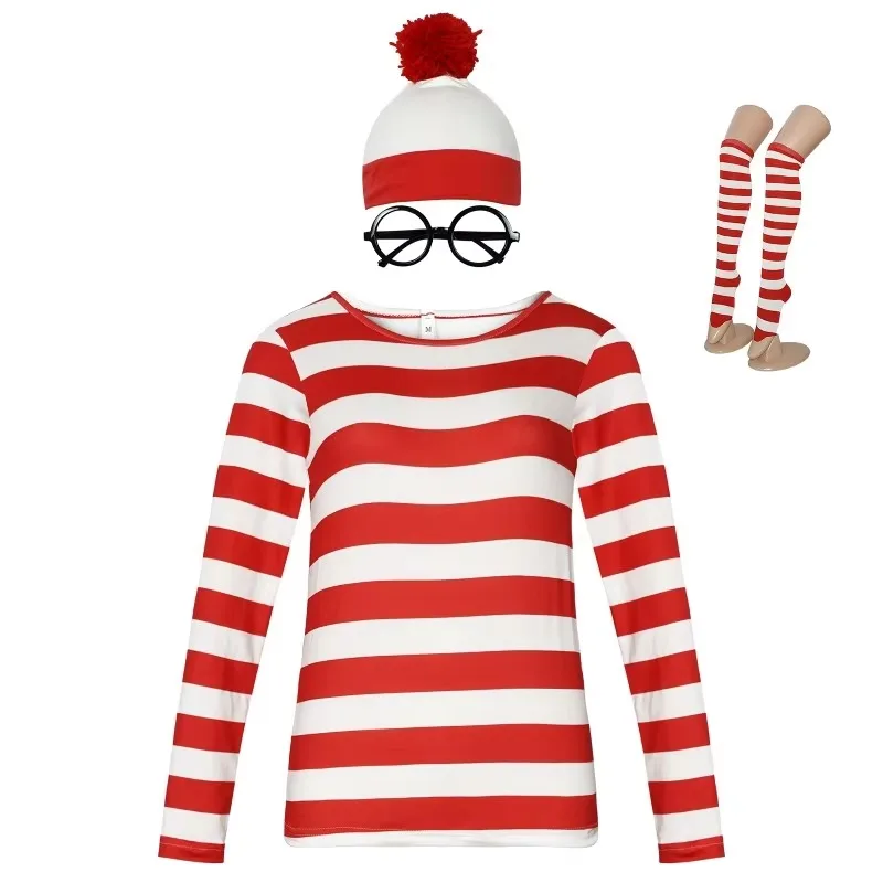 

Anime Cartoon Where Is Wally Cosplay Costume Striped Shirt Hat Glasses Socks Set Kid Adult Men Women Halloween Party Costume