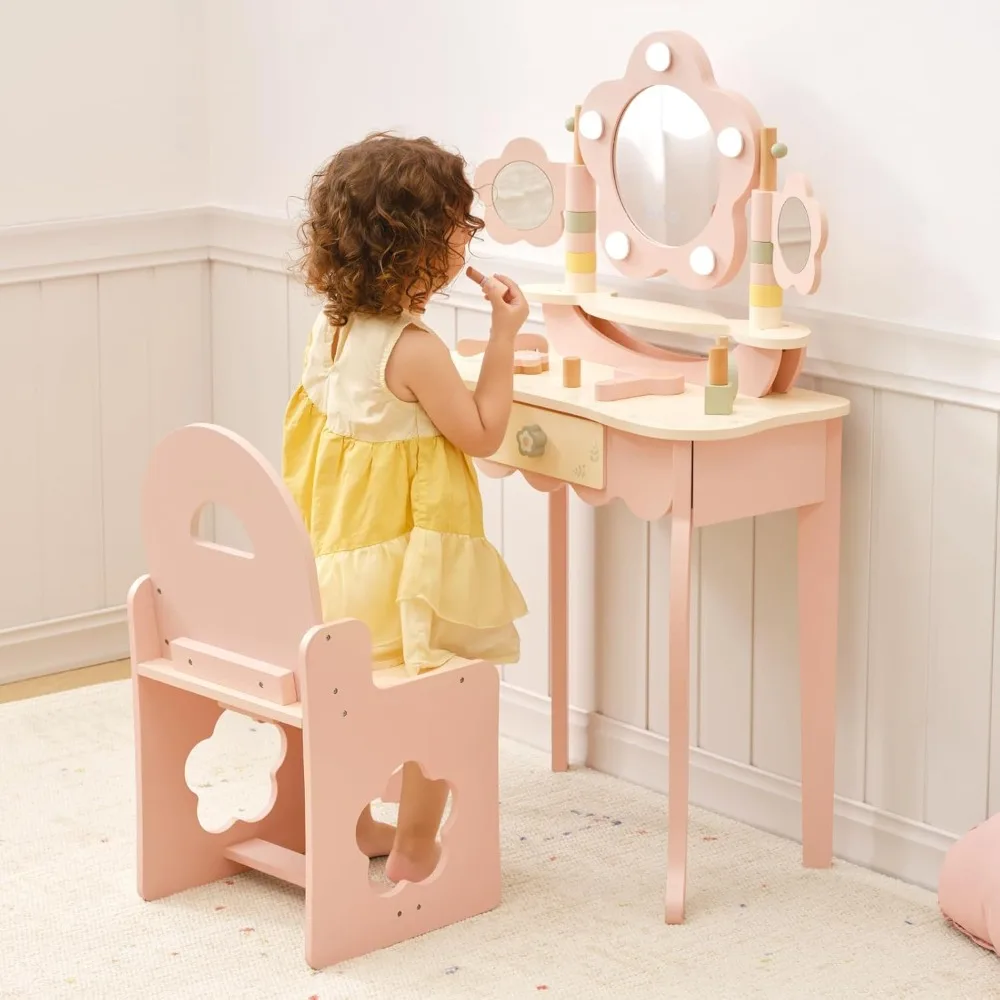 طقم طاولة وكرسي للأطفال من OOOK مع أضواء، مزود بمكياج مع شاشة تعمل باللمس 3 ألوان، زينة للفتيات باللون الوردي، ما يكفي من أجل Rea