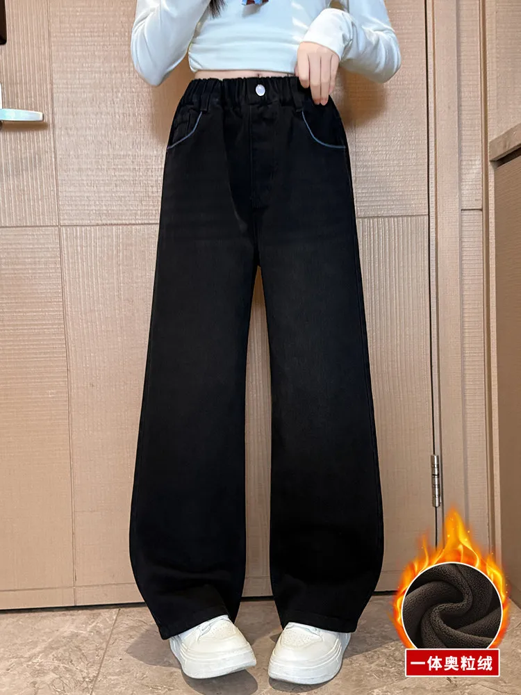 여아용 플리스 안감 데님 와이드 레그 팬츠 스타일리시한 겨울 바지 큰 아이들을 위한 내구성 있고 편안한 움직임