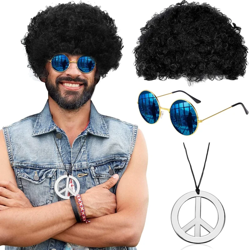 Disco Hip Hop Costume Set Funky Afro Wig  Sunglasses Mustache Stick Letter Peace Sign Necklace for 50/60/70s/80s Theme Party