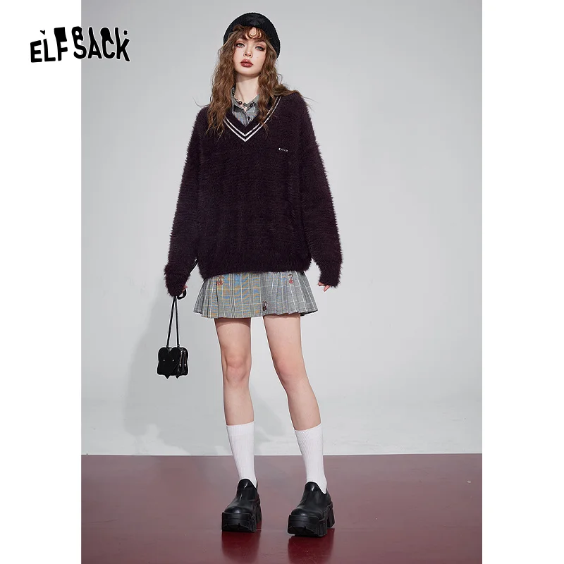 ELFSACK Cherry Plaid Dress Woman 2023 Winter New Korean Fashion Long Sleeve Dress