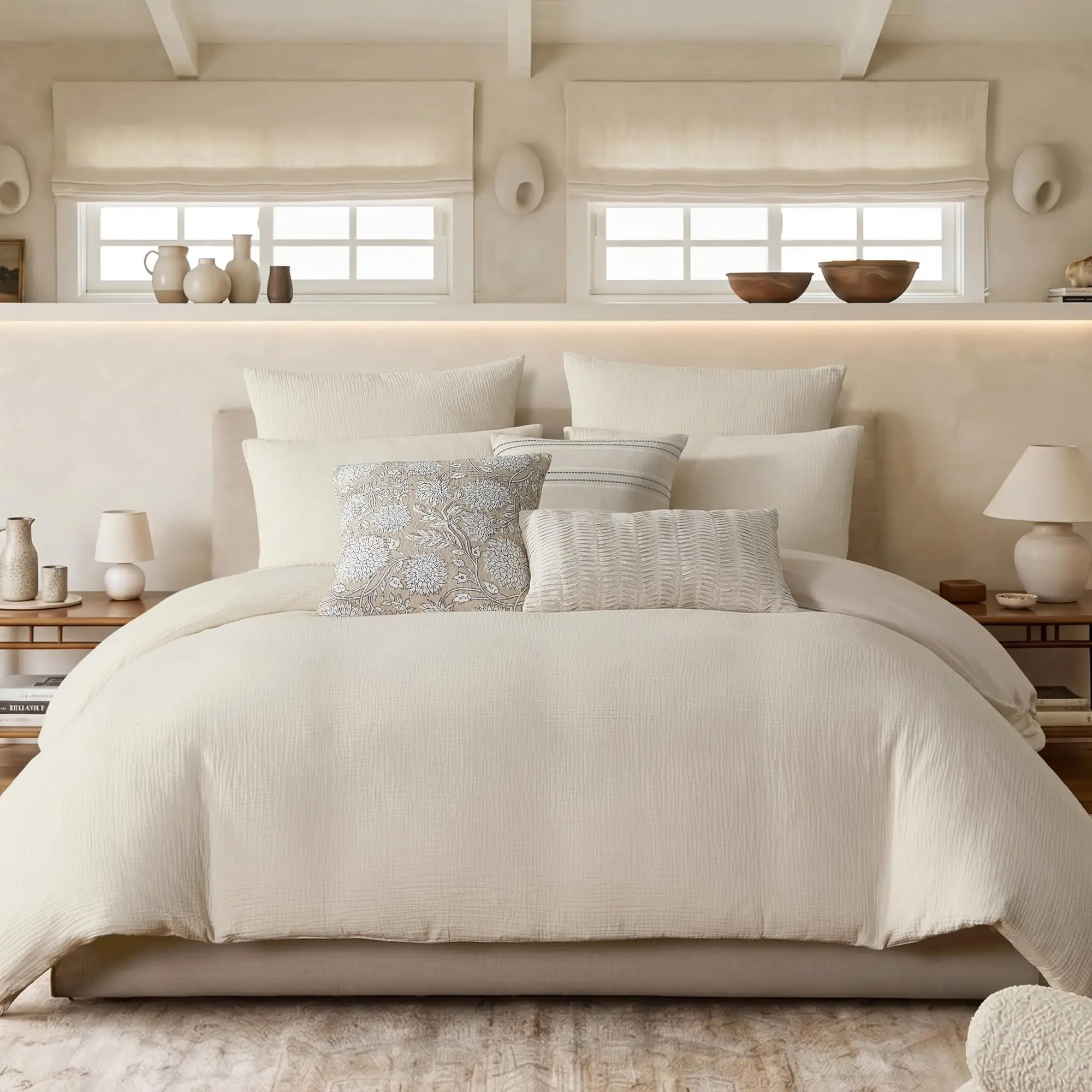 Muslin Cream Duvet Set - King Duvet Cover (106x94in) and Two Standard Shams (20x36in) - Textured 3-Ply Cotton Muslin