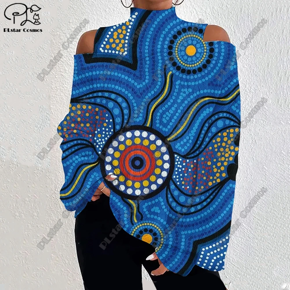 3D Printing Retro Aboriginal Series Tribal Turtle Art Pattern Women's Lantern Sleeve Off Shoulder Textured Casual Long Sleeve F1