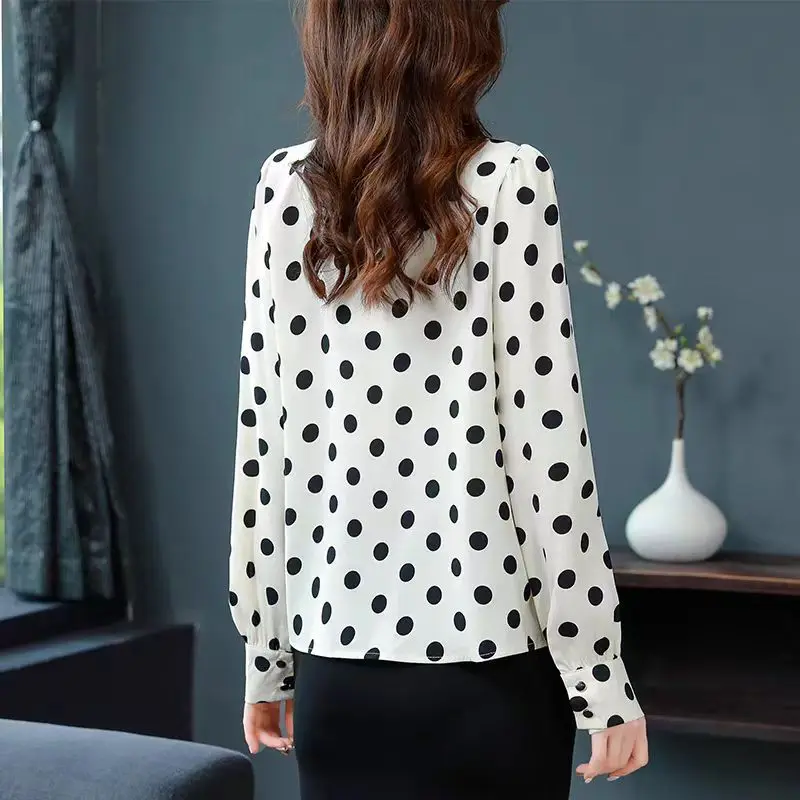 Casual Print Polka Dot Chiffon Blouses Women 2024 Spring Long Sleeve Ladies Tops Peter Pan Collar Shirt Clothes