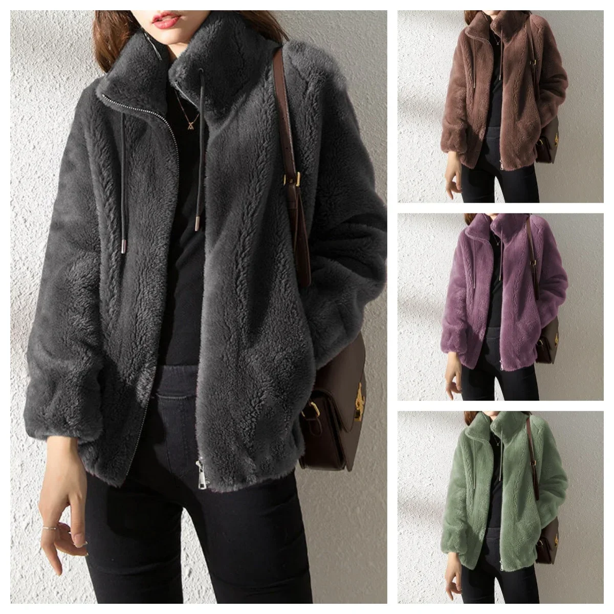 

Women Winter Double Coral Fleece Warm Coat Stand Collar Plush Thick Overcoat Female Fashion Casual Long Sleeve Zipper Clothes