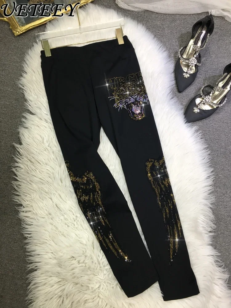 Leggings negros ajustados de cintura alta para mujer, pantalones de tiburón de pies pequeños, alas de tigre de dibujos animados, calientes, diamantes, otoño