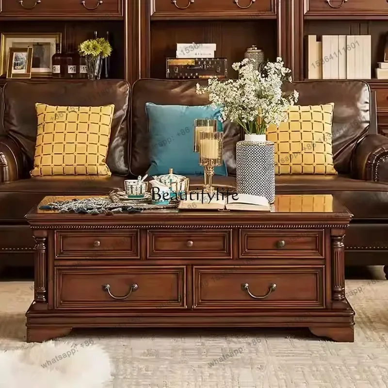 13American neoclassical gold silk teak all solid wood long coffee table living room furniture drawer coffee table