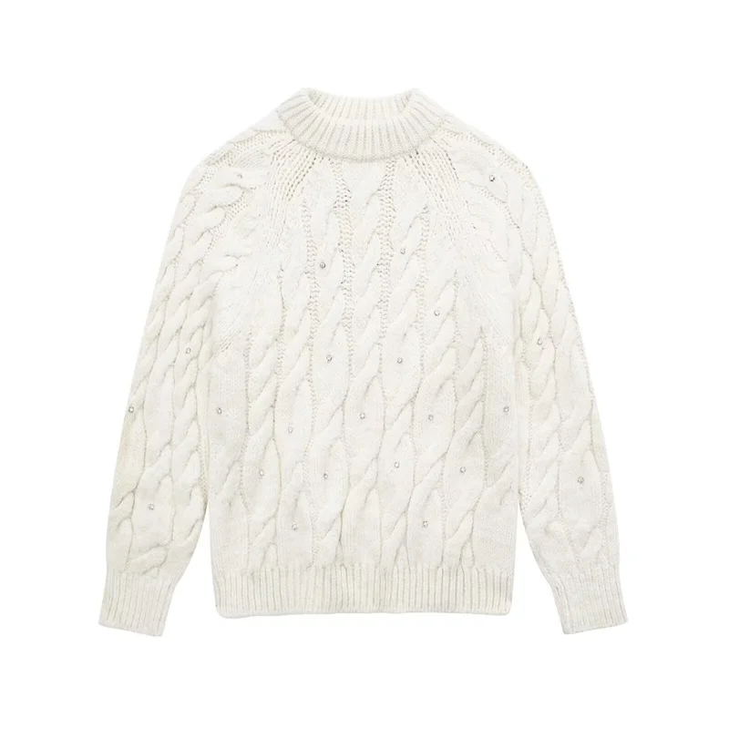 Women's Top 2025 Winter New White Long-Sleeve Pullover with Sequin Decor and Braided Knit Casual Fashionable Versatile