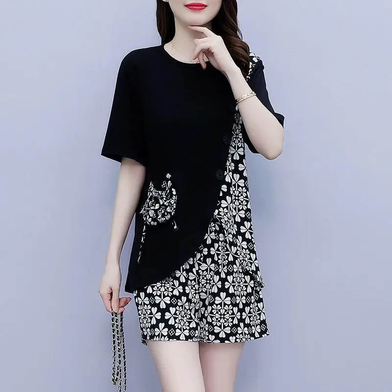 

Floral Patchwork Short Sleeve Shorts Set for Women Summer Casual Loose Slimming Age Reducing Two-piece Set Trendy Women Clothing