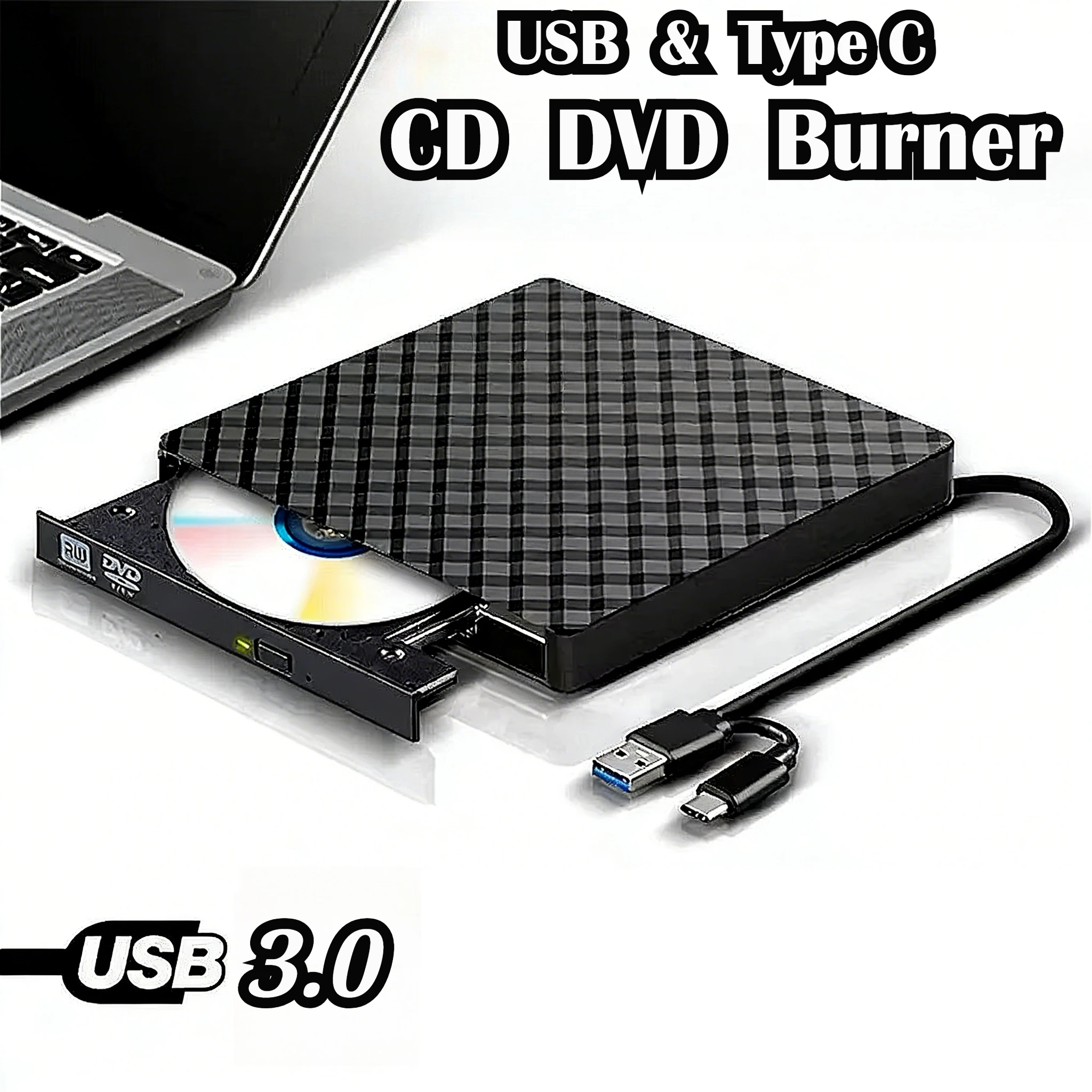 2 in 1 USB 3.0 Type-C CD/DVD RW Drive Portable Optical Ultra-Thin Burner Reader Player for Laptops PC Desktop Mac
