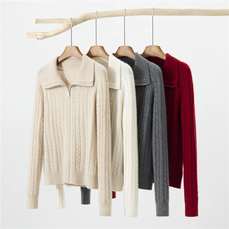 100% Cashmere Thickened Cable Lapel Pullover Half Zip Classic Casual Women Sweater Autumn Winter Fashion Versatile Knitwear