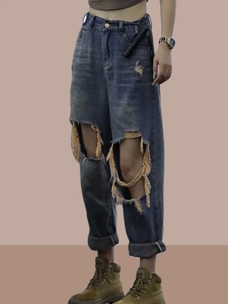 

Retro High Waist Women's Motorcycle Denim Jeans Summer New Style Hong Kong Style Hole Punching Slimming Fashion Harlan Pants