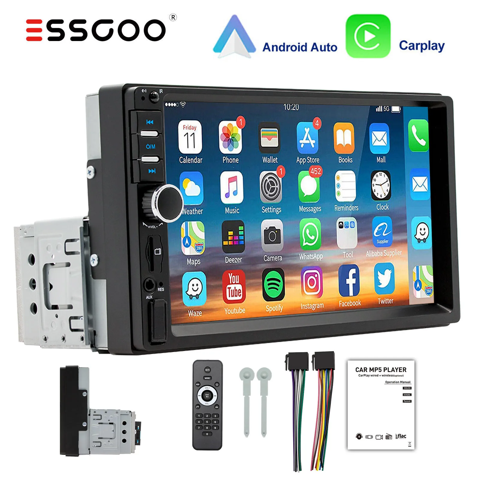ESSGOO Autoradio Universale 1 DIN da 7 Pollici con Apple Carplay e Android Auto Cablati, Bluetooth, TF, USB, AUX, Schermo Touch HD