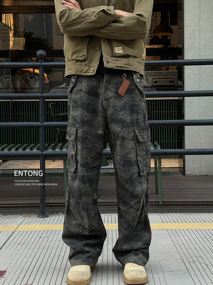 

Retro American High Street Camouflage Multi-Pocket Workwear Jeans Men's Trendy Hip Hop Loose Straight Leg Long Trousers