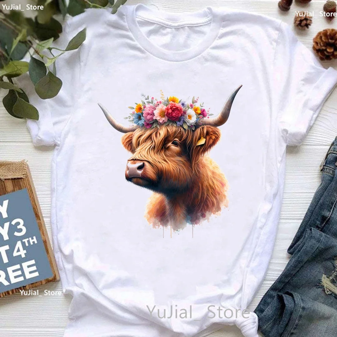 Lovely Highland Cow Floral Crown Animal Printed T Shirt Women Clothes 2024 Summer Fashion Tops Tee Shirt Femme Harajuku Shirt