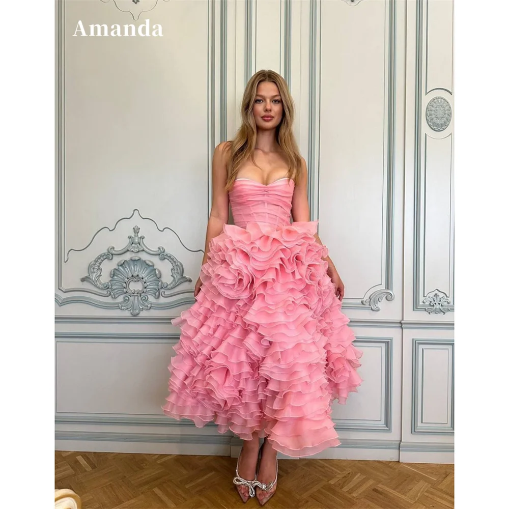 

Amanda Customized Pink Strapless Tiered Ruffle Prom Dress A-Line Sleeveless vestidos de noche Corset Ankle-Length Formal Evening