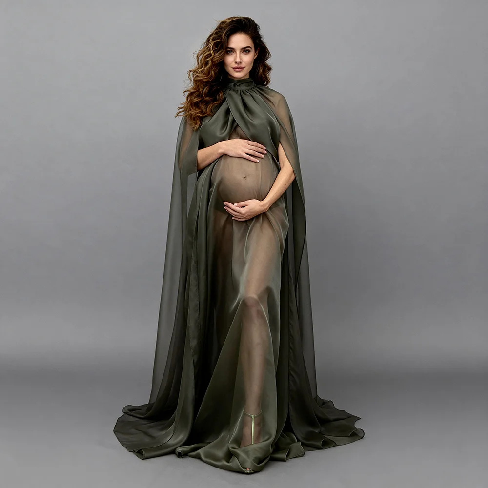 Sheer Maternity Cape Gown Olive Green Maternity Photoshoot Dress for Pregnant Women for Photo Shoot Pregnancy Dresses YW250037