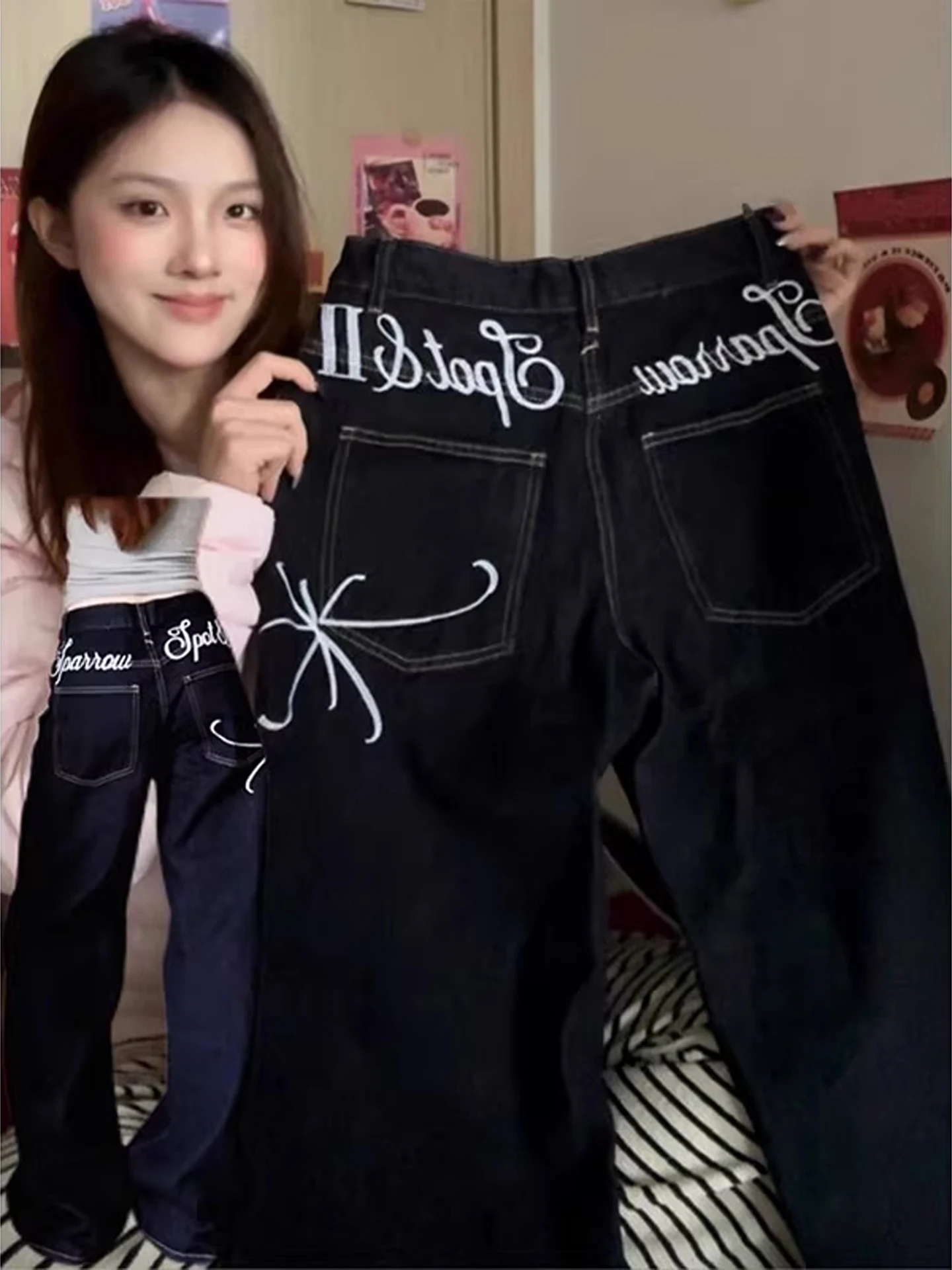 

Темно-синие американские джинсовые джинсы с вышивкой букв, прямые брюки-колокольчики с высокой талией для мужчин и женщин, осенне-зимняя уличная...