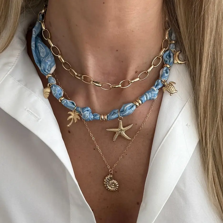 

SHIXIN 3pcs/set Bohemian Blue Printed Fabric Scarf Choker Necklace Women Retro Starfish Conch Pendant Necklace Vacation Jewelry