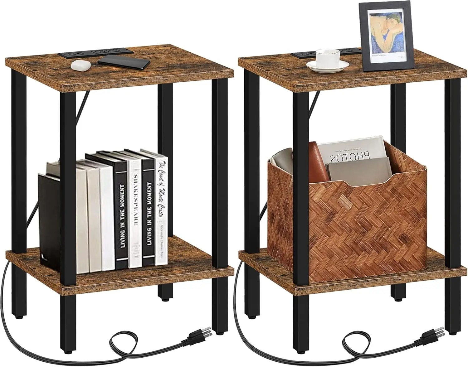 

End Table with Charging Station, USB Ports and Outlets, 2-Tier Storage, Nightstand for Small Space, 2PCS