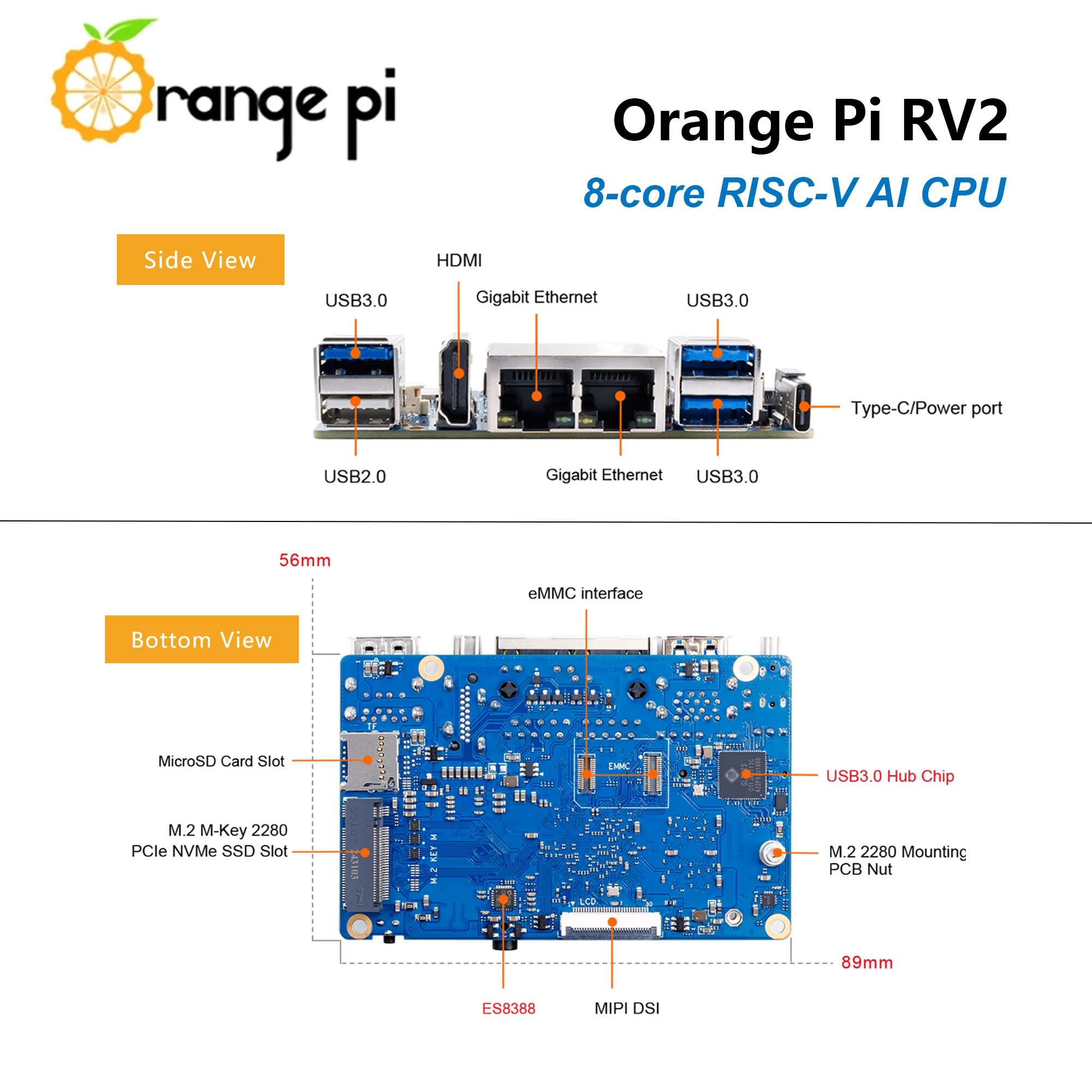 Orange Pi RV2 8-ядерный процессор RISC-V AI Макетная плата 2 ТОП NPU WiFi + BT5.0 Gigabit Ethernet SBC M2 NVMe SSD 2 ГБ/4 ГБ/8 ГБ опционально