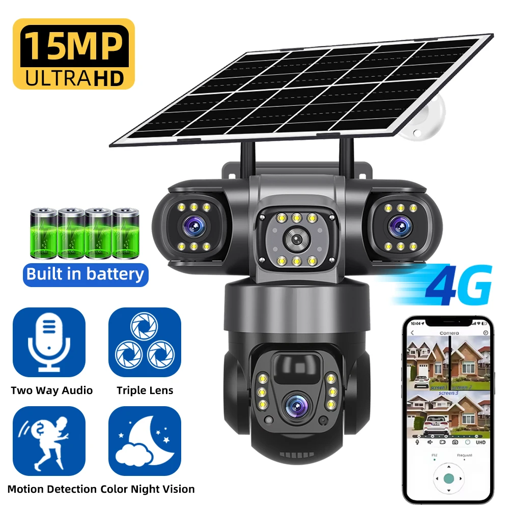 

15MP Triple Lens 4G Camera Solar Power Outdoor Waterproof PIR Humanoid Detection Security Video Monitor Surveillance V380 Pro