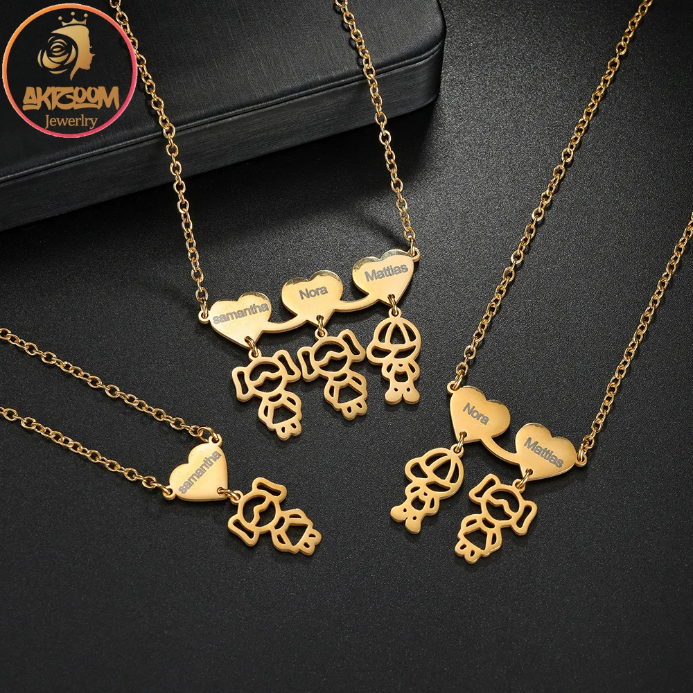 

Akizoom Custom 1-6 Names Boy Gilr Pendant Necklace Stainless Steel Personalized Kids Heart Choker for Woman Mom Jewelry Gift