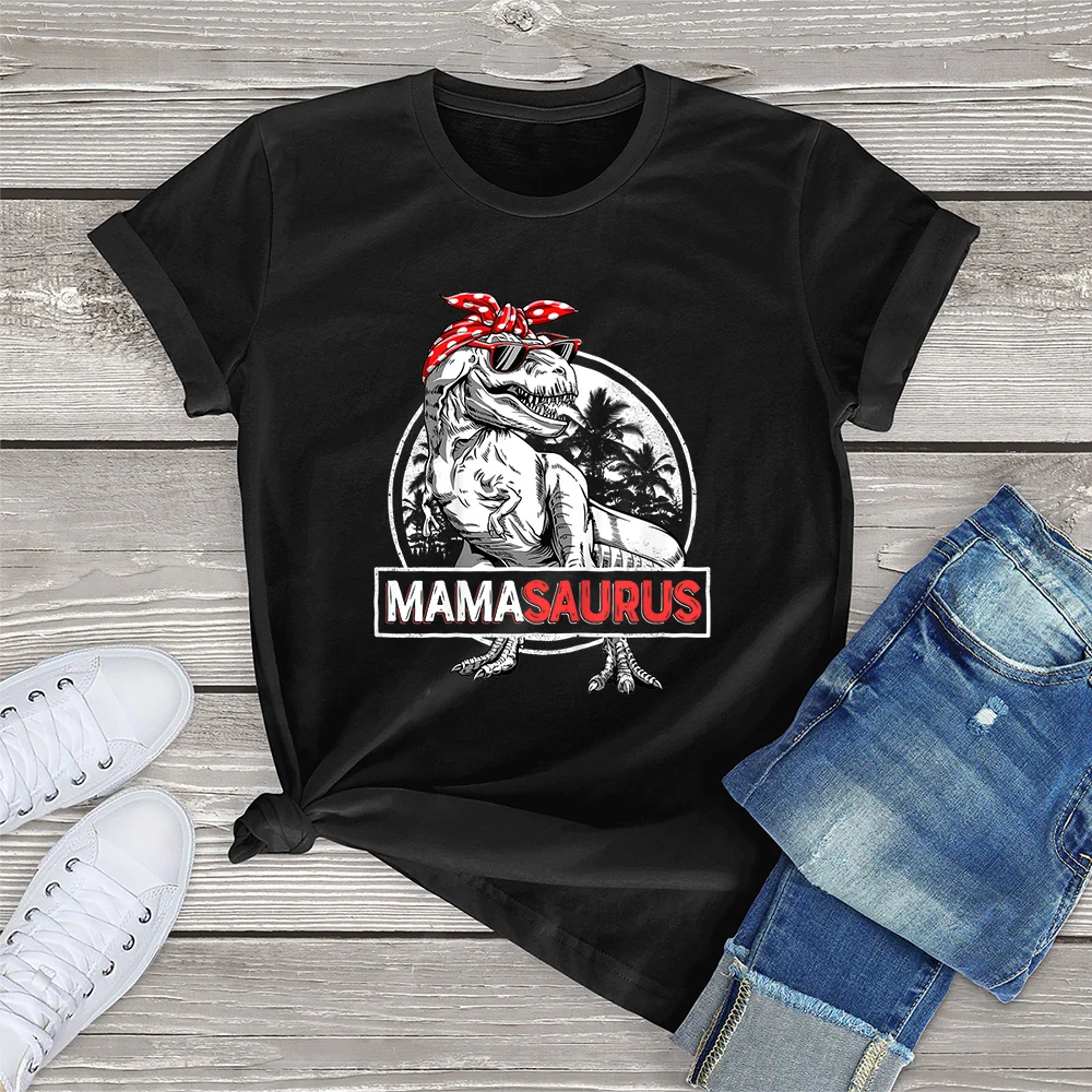 

FLC 100% Cotton Mamasaurus T rex Dinosaur Funny Mama Saurus Mother's Family Gift Women T-Shirt Printed Top Unisex Femme Cute Tee