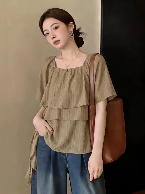 

Elegant Women's Bubble Sleeve Chiffon Shirt Square Collar Lace Trim plus Size Summer Fashionable Versatile Top Gentle Wind