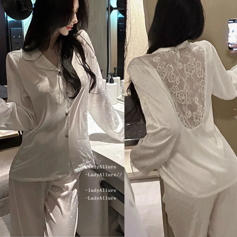 

Sexy Hollow Lace Sleepwear Homewear Lady Ice Silk Pajamas Suit 2PCS Long Sleeve Top Pants 2026 Spring New Nightwear Loungewear