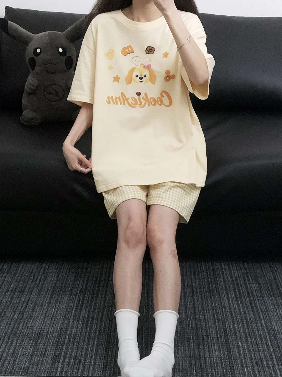

Комплект домашней одежды из чистого хлопка с круглым вырезом, короткими рукавами и шортами для женщин, летний, новый стиль, с мультяшным принтом, милый, для студенток