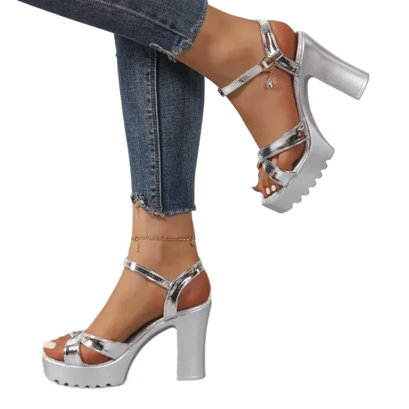 High Chunky Heels Mirror PU Sexy Casual Party Lady Ankle Strap Gladiator Shoes Gold Silver Wedding Women Platform Sandals