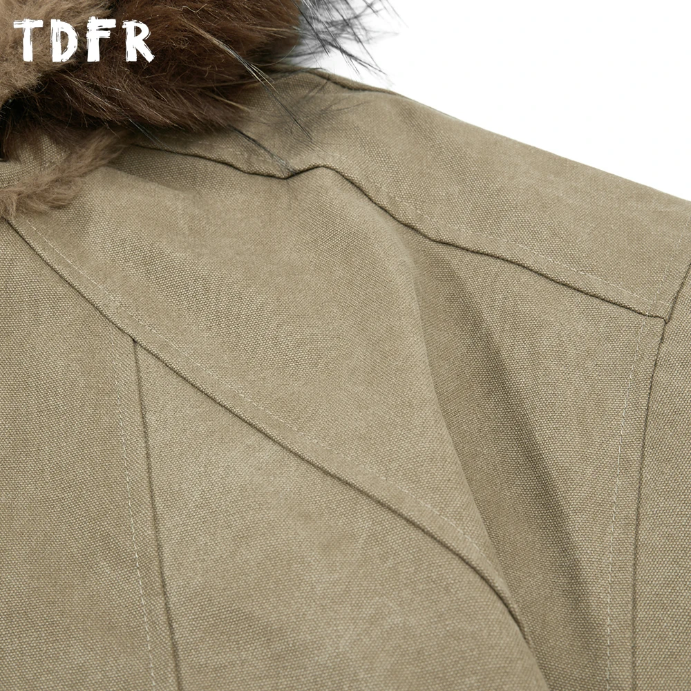 Solid Color Spliced Hooded Cargo Padded Jacket Mens Winter Casual Retro Loose Long Sleeve Removable Hat Thick Outerwear Man