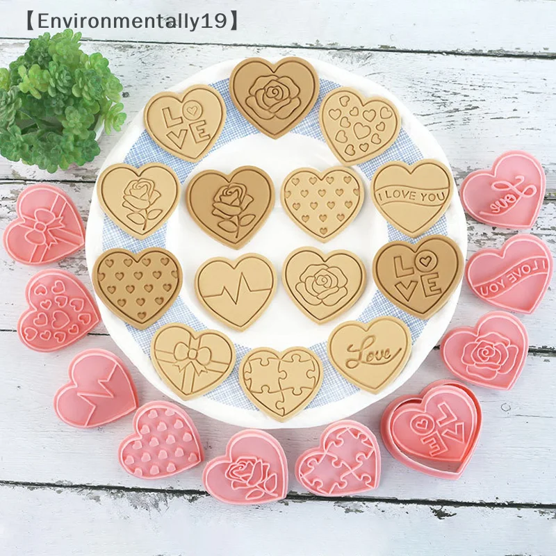 10 ชิ้นวันวาเลนไทน์ 3D Cookie Cutters, รูปหัวใจคุกกี้แสตมป์ DIY กดแม่พิมพ์สําหรับรักคุณดอกไม้หัวใจ Cookie Cutters