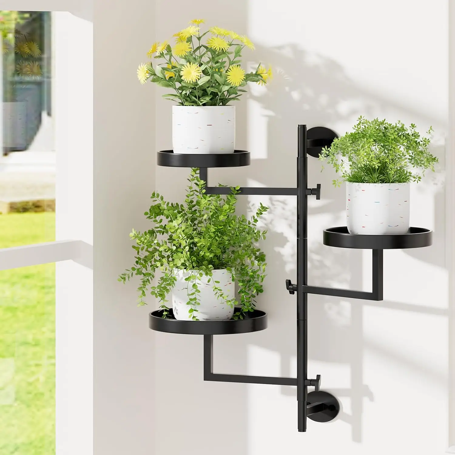 

3-Tier Rotating Window Plant Shelf, Black Metal Indoor Outdoor Plant Stand with 180-Degree Adjustable Arms