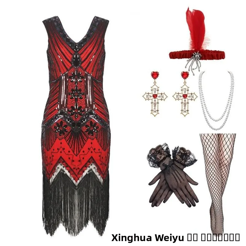 920s eat Gatsby Evening Dr Tassel Large Size V-ne Dr Set Banquet Gown Ele Retro Sle Women's Faion