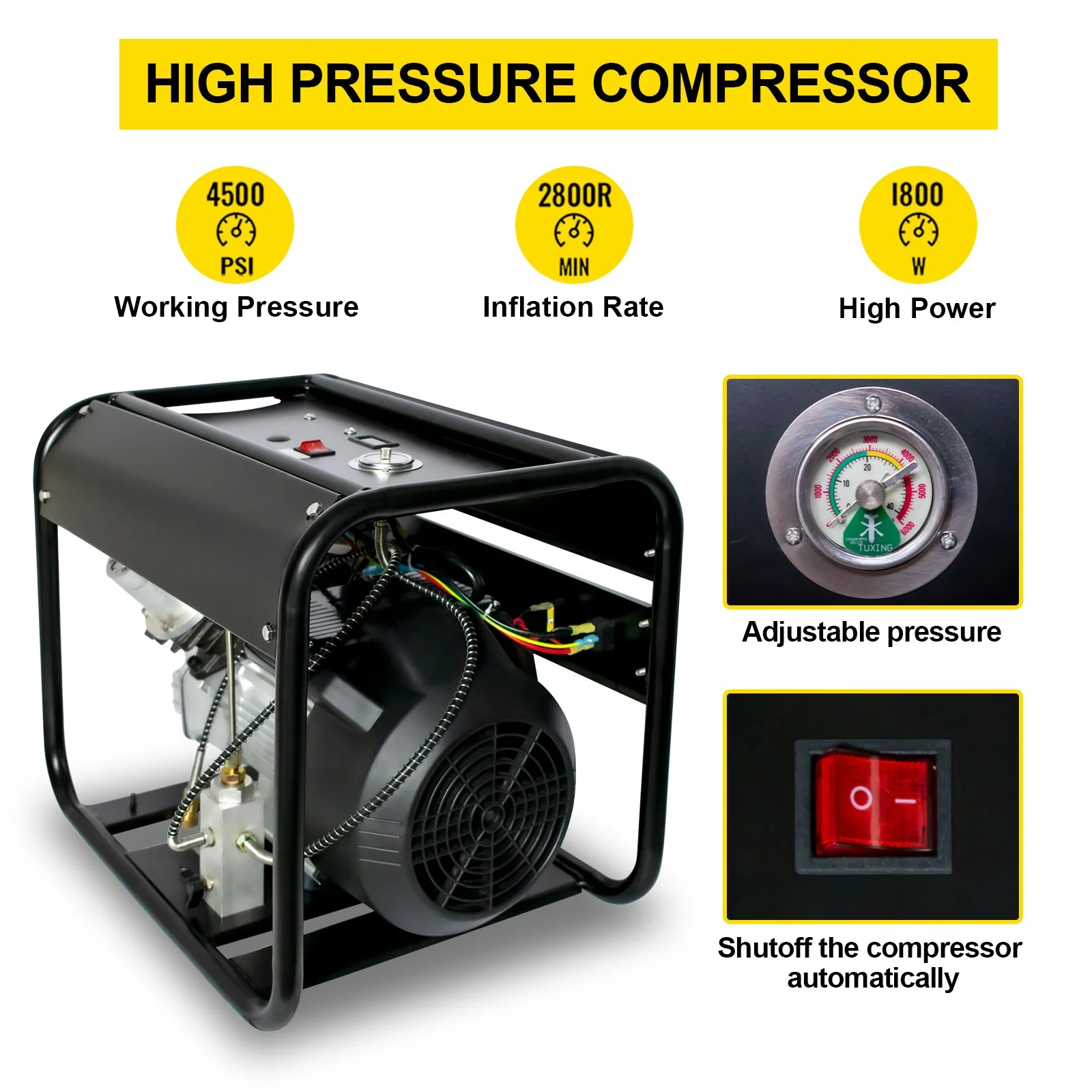 Wholesale Portable Auto Stop 4500psi/300bar Snorkeling Paintball Scuba Diving Double Cylinder PCP Air Compressor