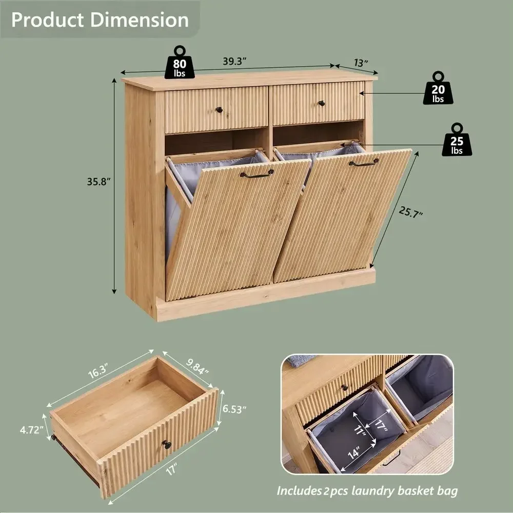Double Hamper Cabinet with 20 Gallon Trash Bin and 2 Drawers, Wooden Concealed Garbage Cabinet with Laundry Basket, Suitable for