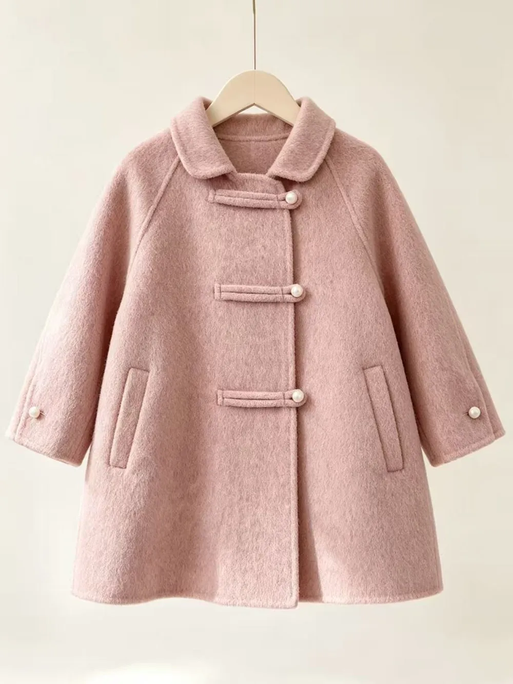 New Girls Autumn Winter Jacket Fashion Toddler Cute Oversized Pink Tweed Double-Faced Wool Coat Kids Clothing 3-7Y