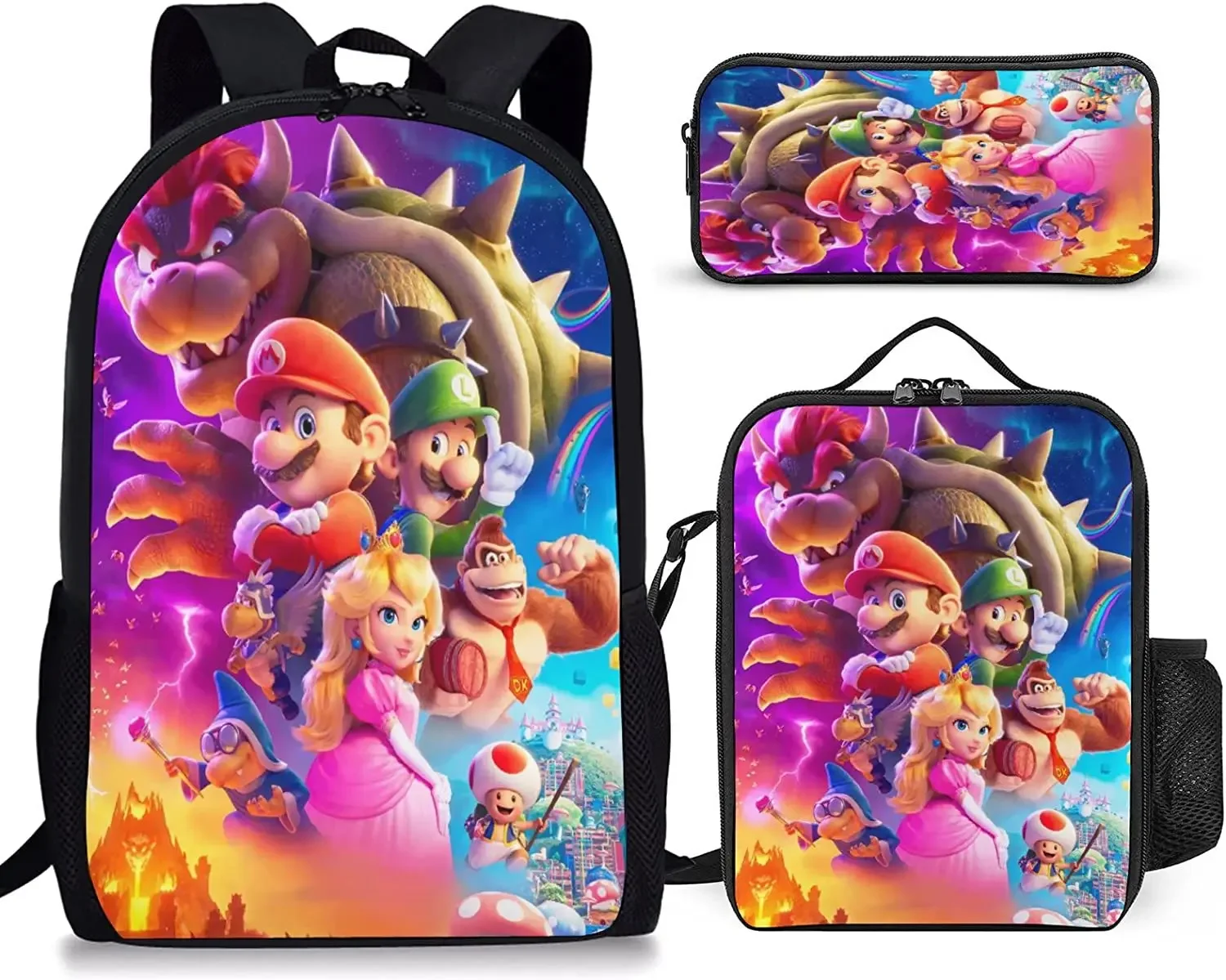 MINISO 3PC-Set 3D Movie Super Mario Brothers Mario Uczniowie szkół podstawowych i gimnazjów Tornister Chłopcy Dziewczynki Anime Kreskówka Mochila