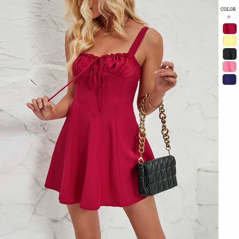 Summer Strapless Tie-up Solid Color A-line Mini Dress For Women