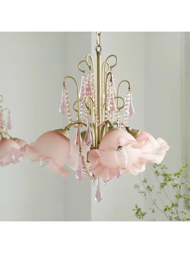 อเมริกันร้านอาหารยุคกลางโคมระย้าคริสตัลภาษาฝรั่งเศสคํา Pastoral โคมไฟห้องนอนโรแมนติก Retro โคมไฟคริสตัลสีชมพู